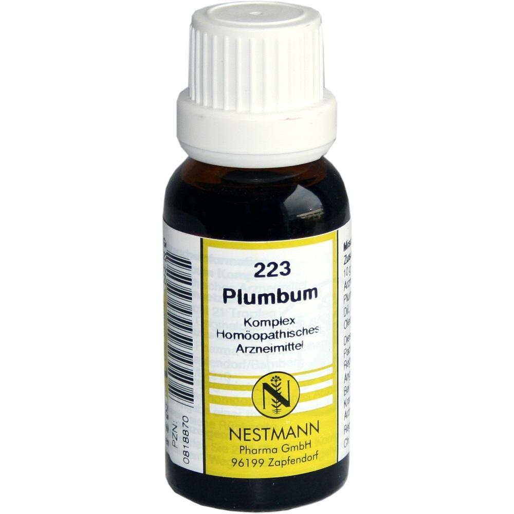 Braune Flasche mit weißem Deckel, Etikett mit Aufschrift: "223 Plumbum, homöopathisches Arzneimittel".