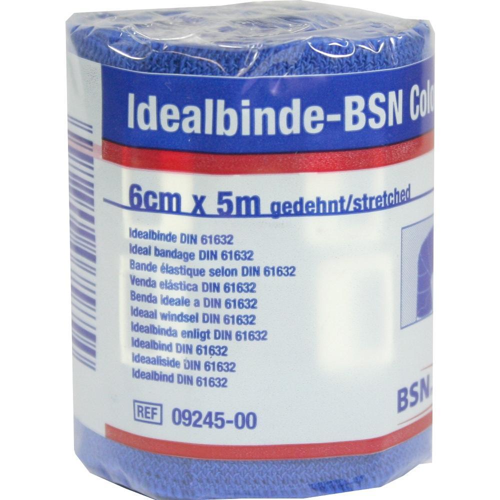 Eine blaue Idealbinde, 6 cm breit und 5 m lang, in einer Verpackung.