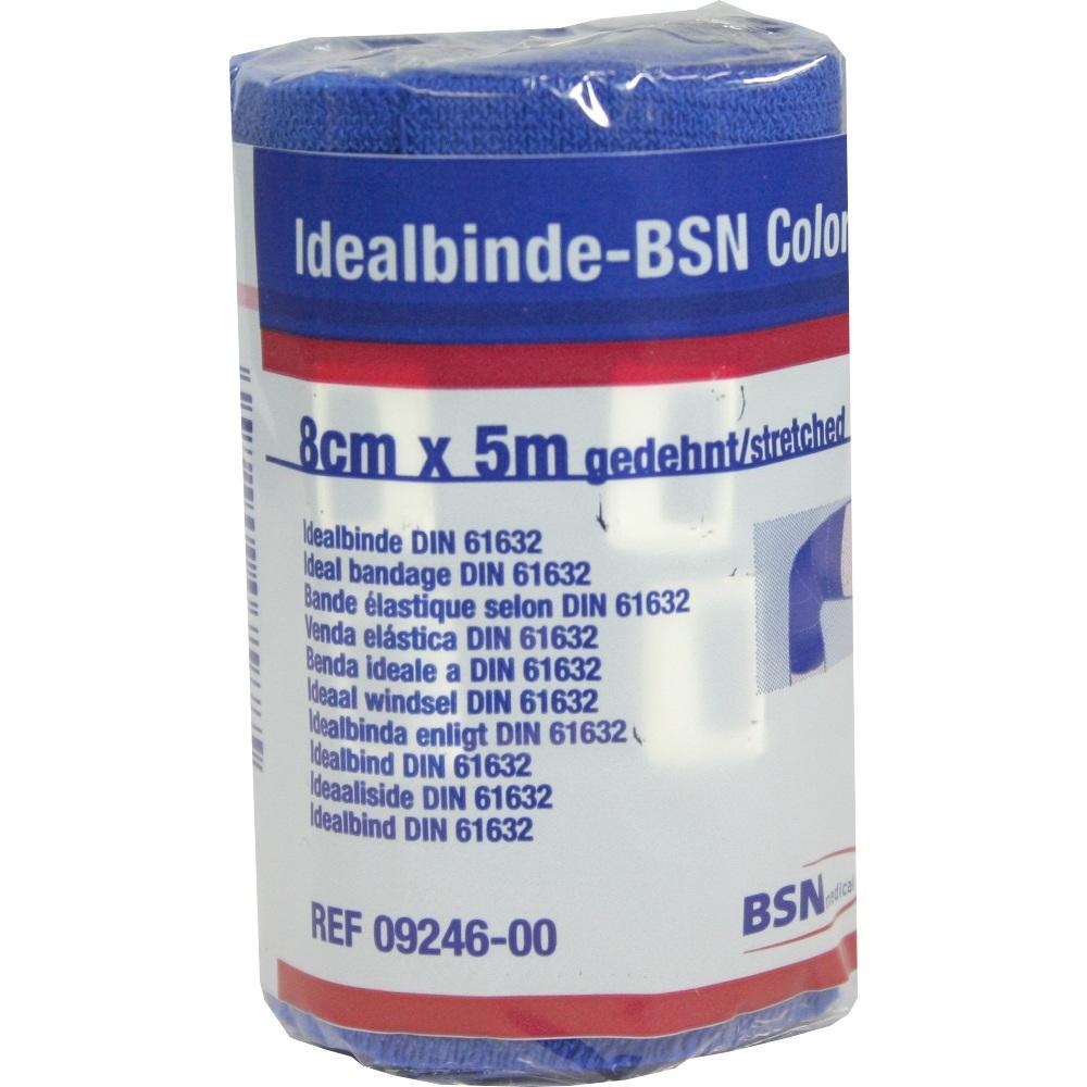 Eine blaue elastische Binde, 8 cm breit und 5 m lang, in Plastik verpackt.