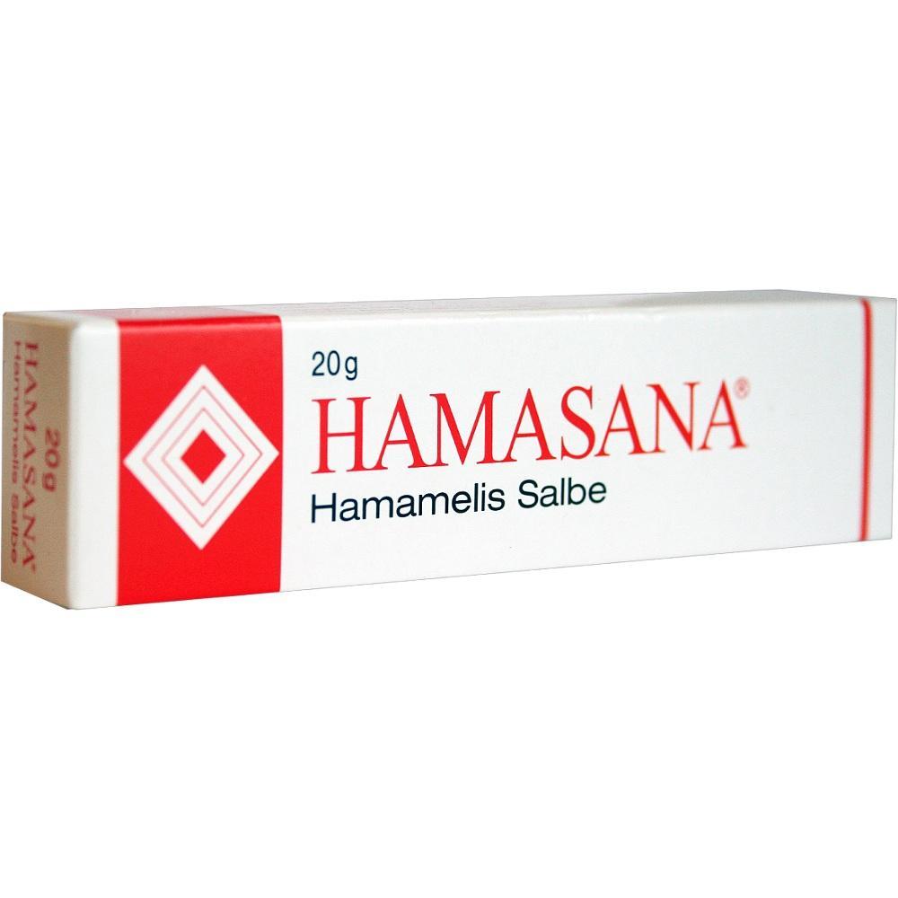 Eine weiße Pappschachtel mit der Aufschrift "Hamamelis Salbe - HAMASANA".
