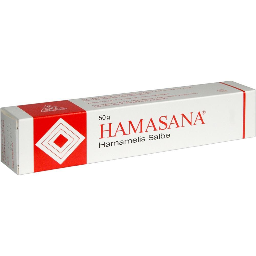 Weiße Salbenverpackung mit rotem Muster, darauf steht "HAMASANA Hamamelis Salbe".