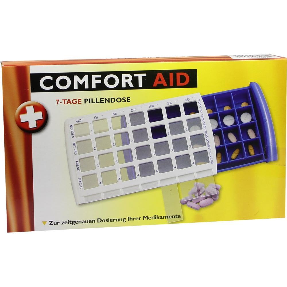 Eine Pillendose für sieben Tage liegt auf einer gelben Verpackung.