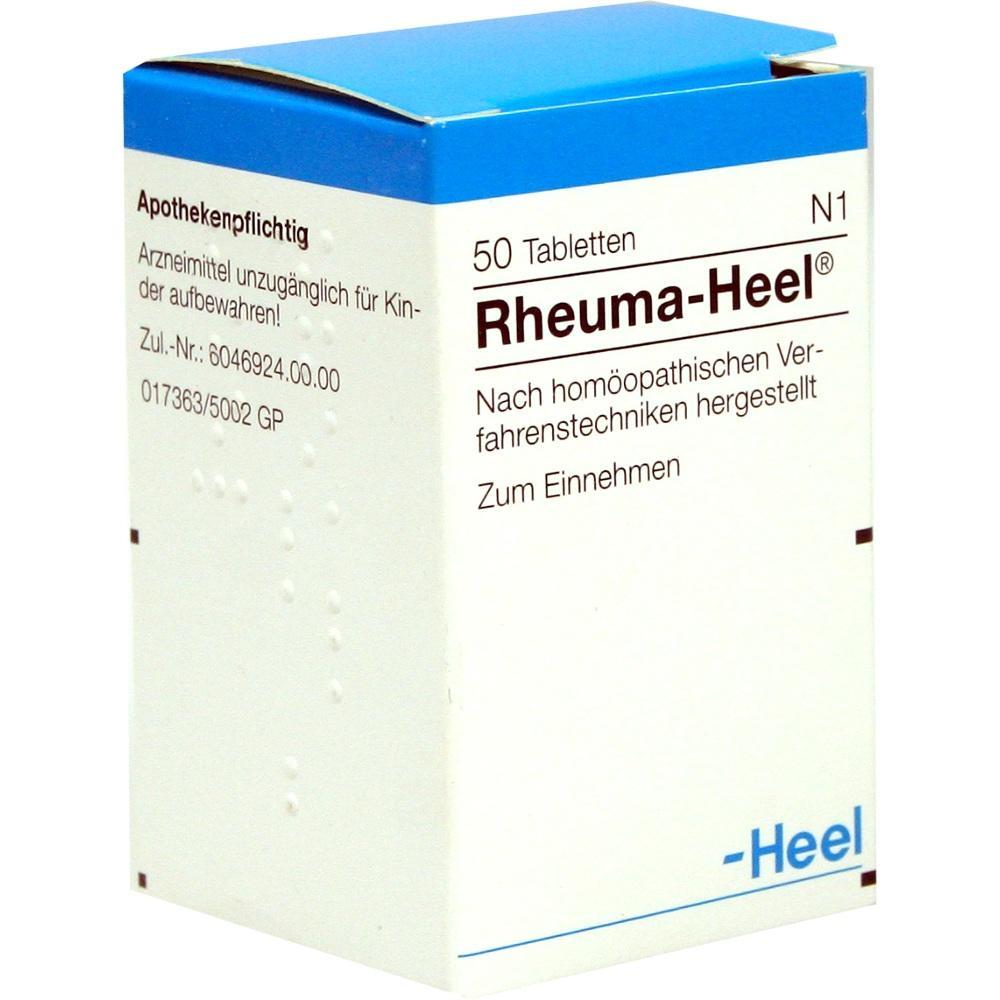 Weiße Schachtel mit blauer Oberseite, enthält 50 Rheuma-Heel Tabletten.