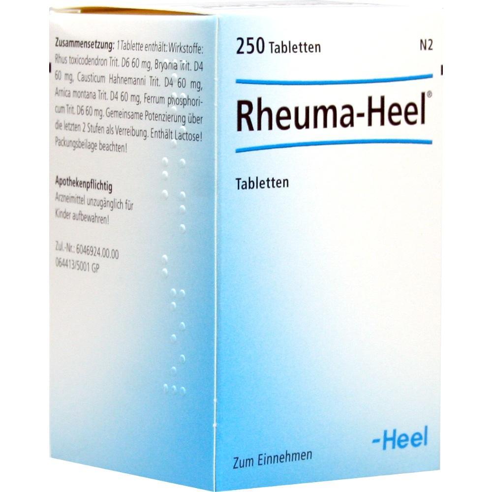 Eine weiße Medikamentenverpackung mit der Aufschrift „Rheuma-Heel Tabletten“.