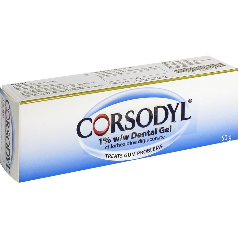 Eine Verpackung von Corsodyl Zahnfleischgel gegen Zahnfleischprobleme.