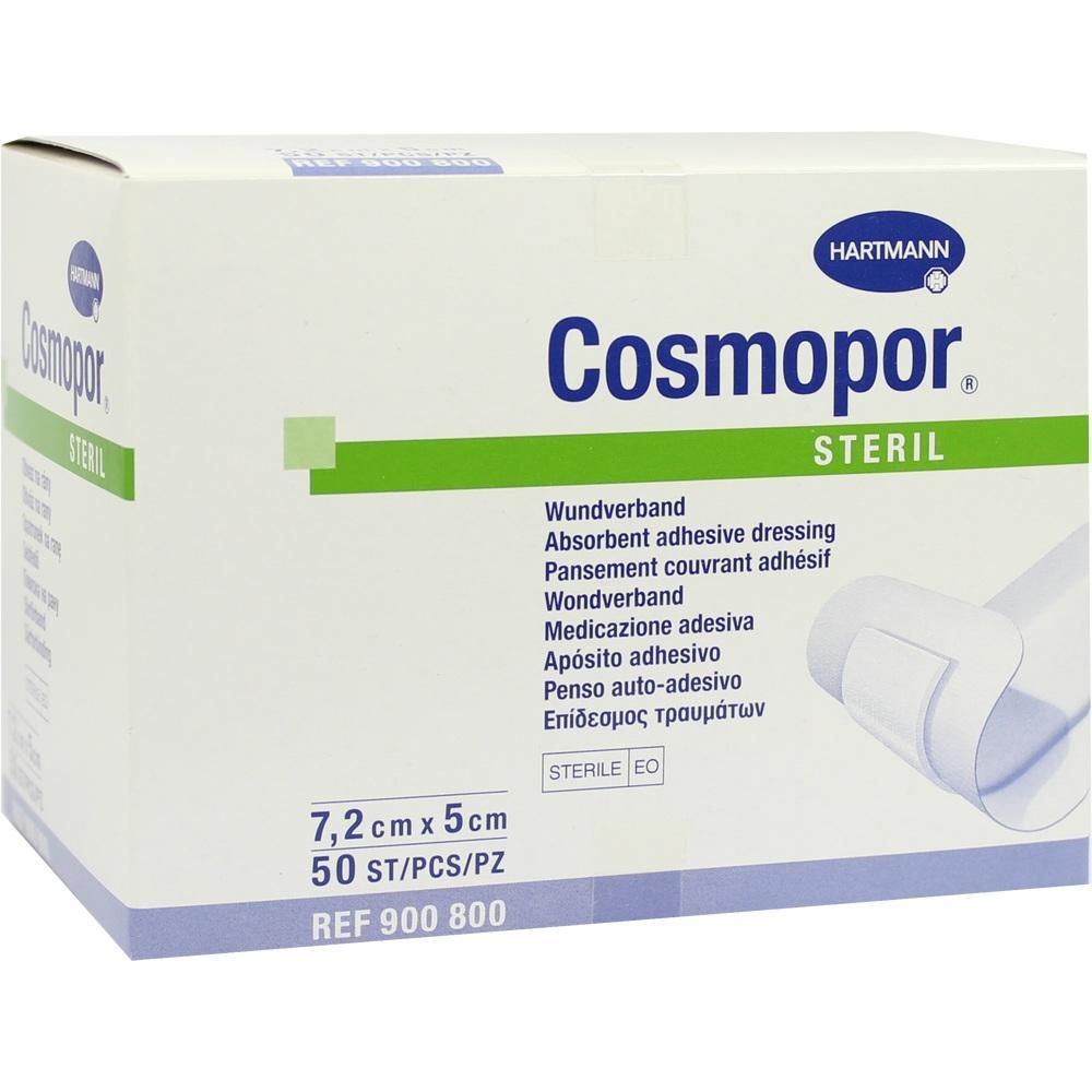 Eine weiße Schachtel enthält 50 sterile Wundverbände von Cosmopor.