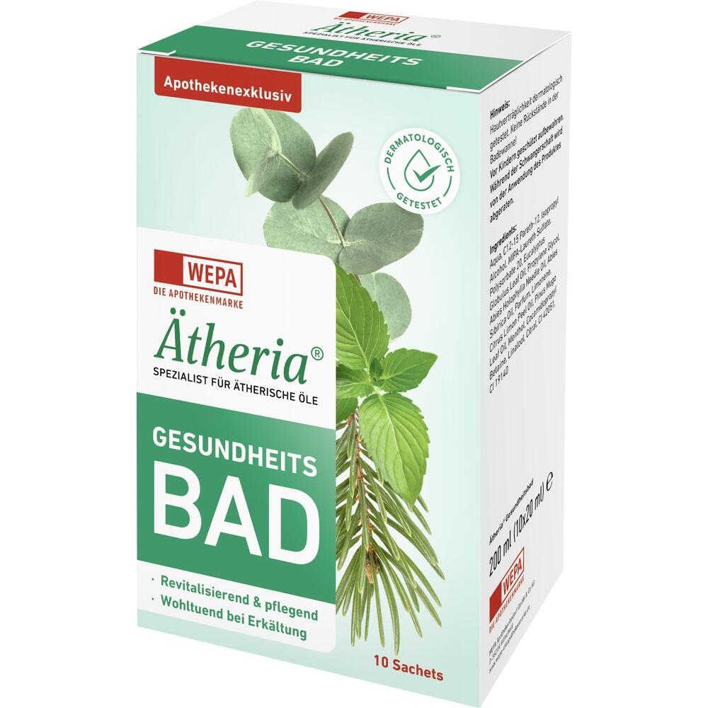 Grüne Packung von Ätheria Gesundheitsbad mit Pflanzenbildern.