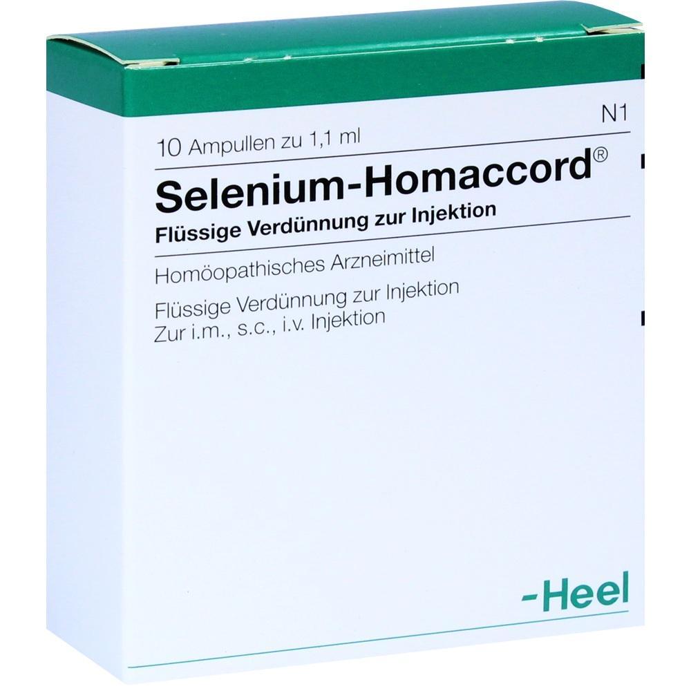 Weiße Medikamentenpackung mit der Aufschrift "Selenium-Homaccord" zur Injektion.