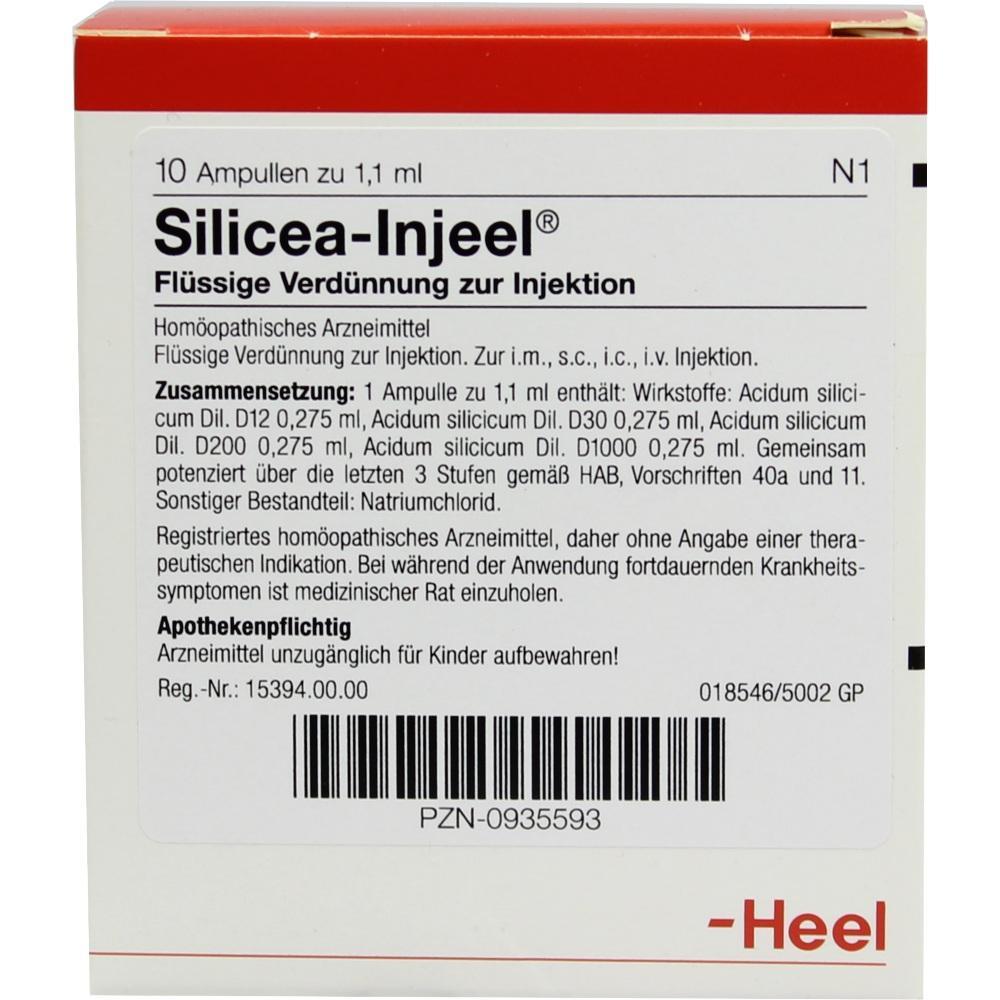 Die Verpackung von "Silicea-Injeel" zeigt Informationen zur Anwendung und Zusammensetzung.