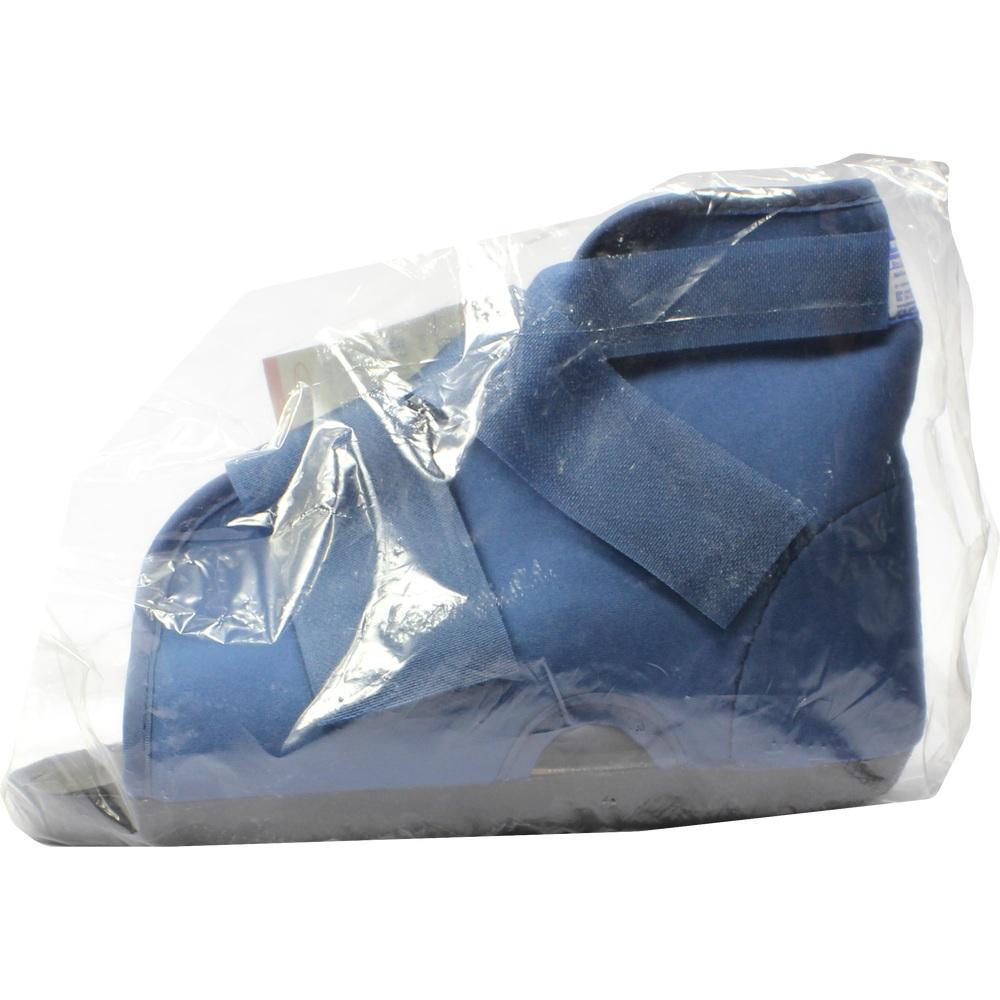 Ein blauer Orthopädieschuh in Plastikverpackung.