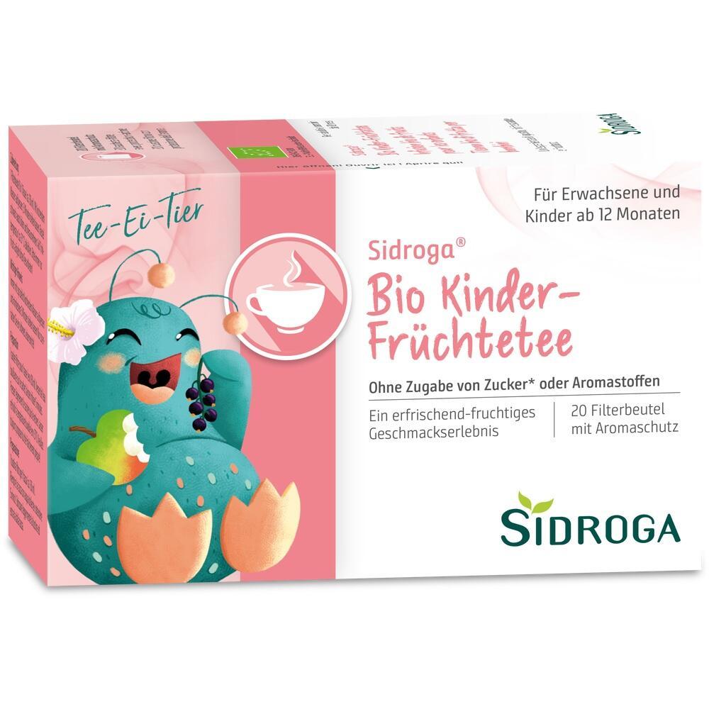 Ein bunter Kinder-Früchtetee von Sidroga in einer rosa Verpackung.