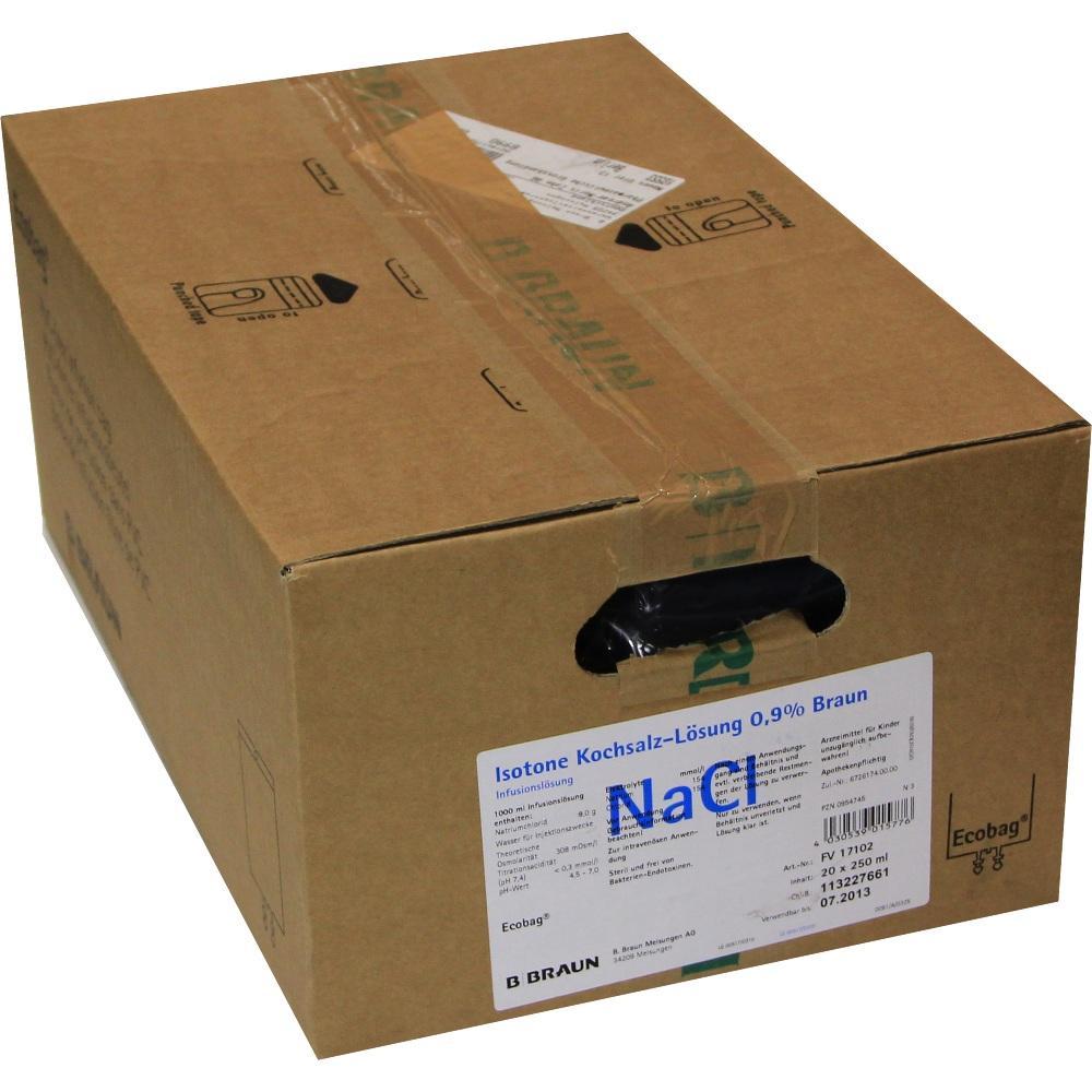 Ein brauner Karton mit einem Etikett für Kochsalzlösung.