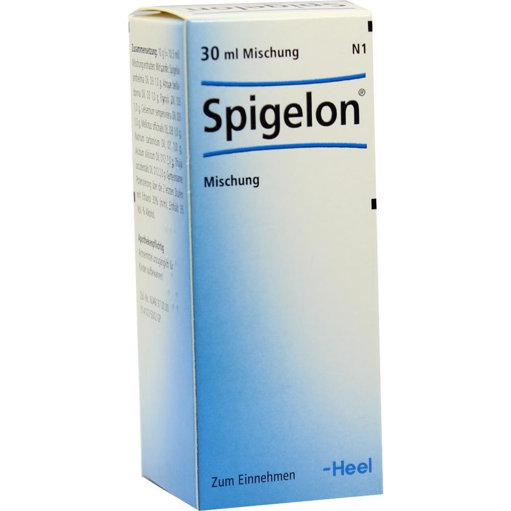 Eine blaue und weiße Medikamentenverpackung mit der Aufschrift "Spigelon Mischung".