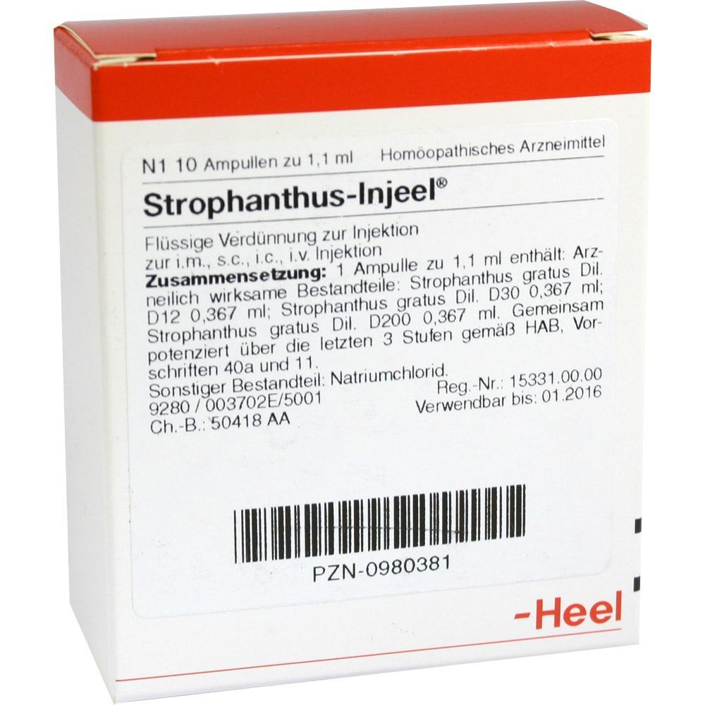 Eine Packung mit homöopathischen Strophanthus-Injeel-Ampullen zur Injektion.