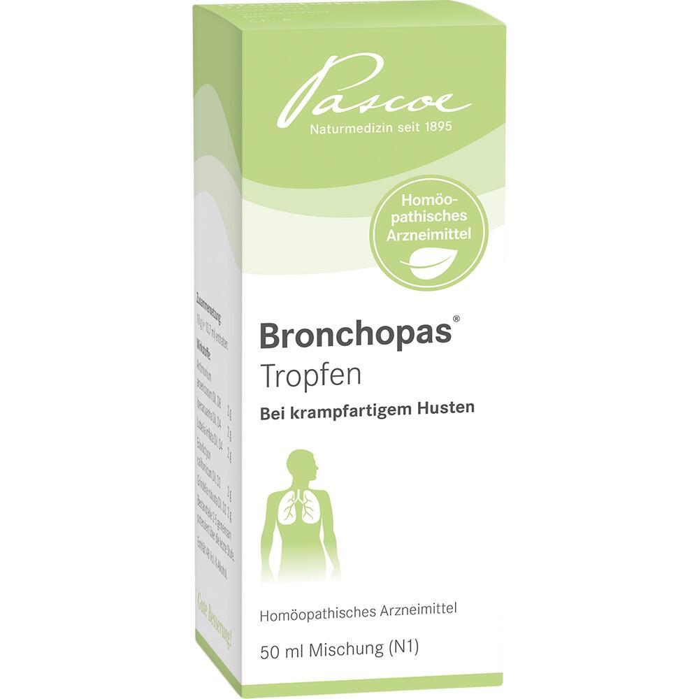 Grüne Packung mit Bronchopas Tropfen gegen krampfartigen Husten.