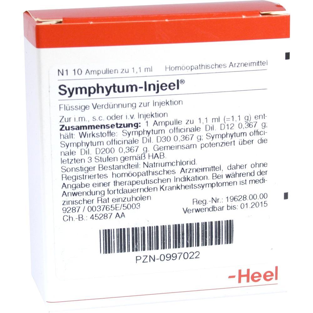 Die Verpackung zeigt Symphytum-Injeel, ein homöopathisches Arzneimittel zur Injektion.