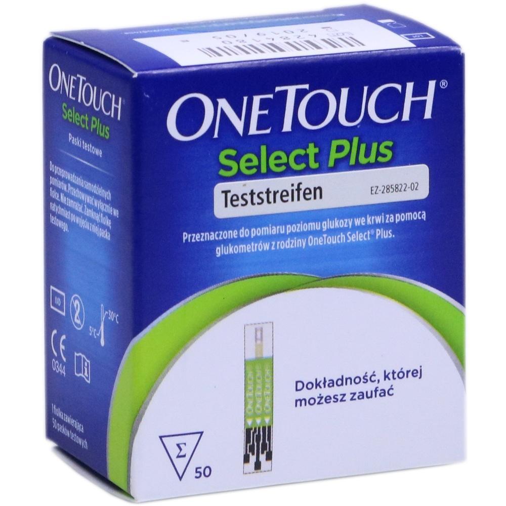 Eine Schachtel mit 50 OneTouch Select Plus Teststreifen.