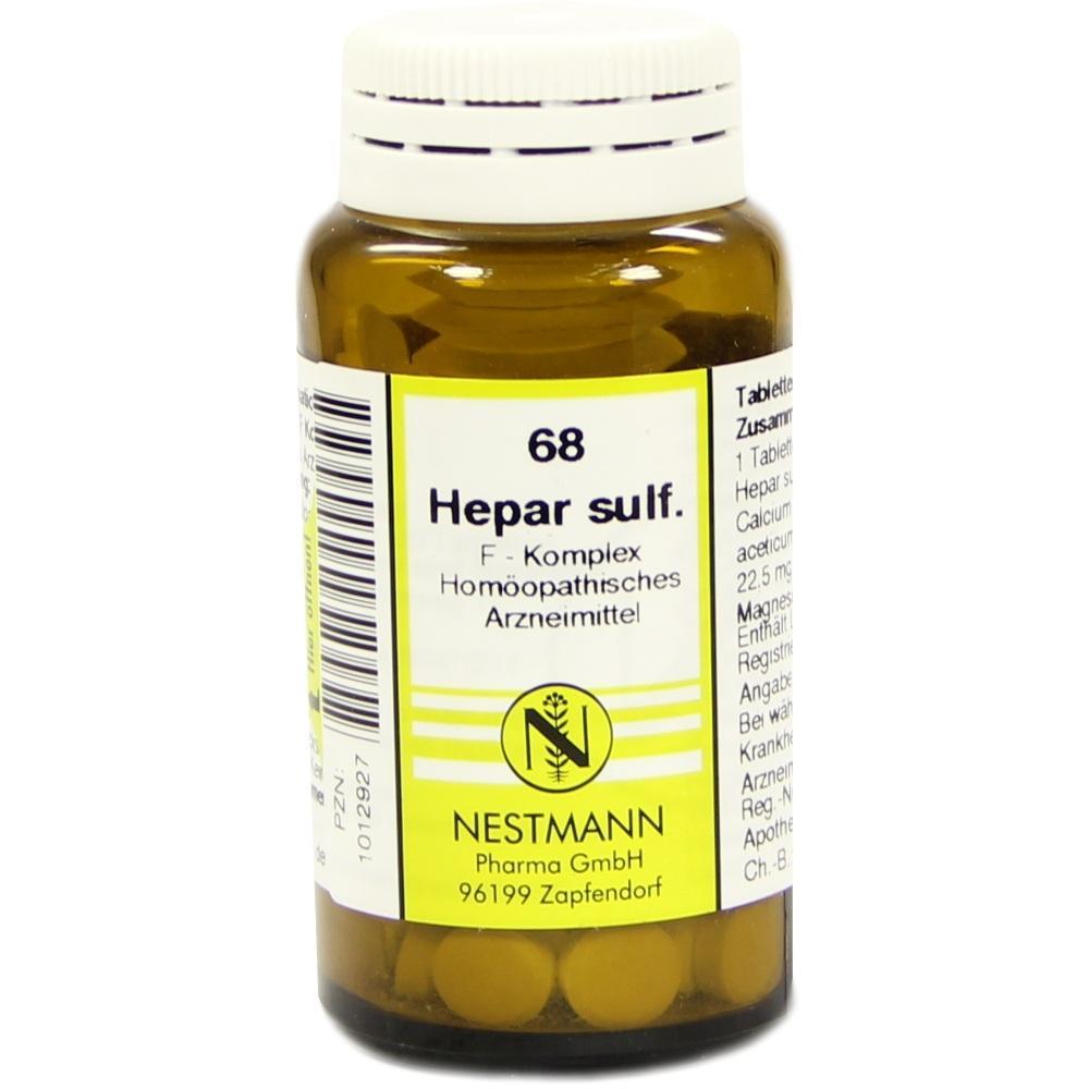 Braunes Fläschchen mit Etikett, darauf steht "Hepar sulf." und "Nestmann Pharma GmbH".