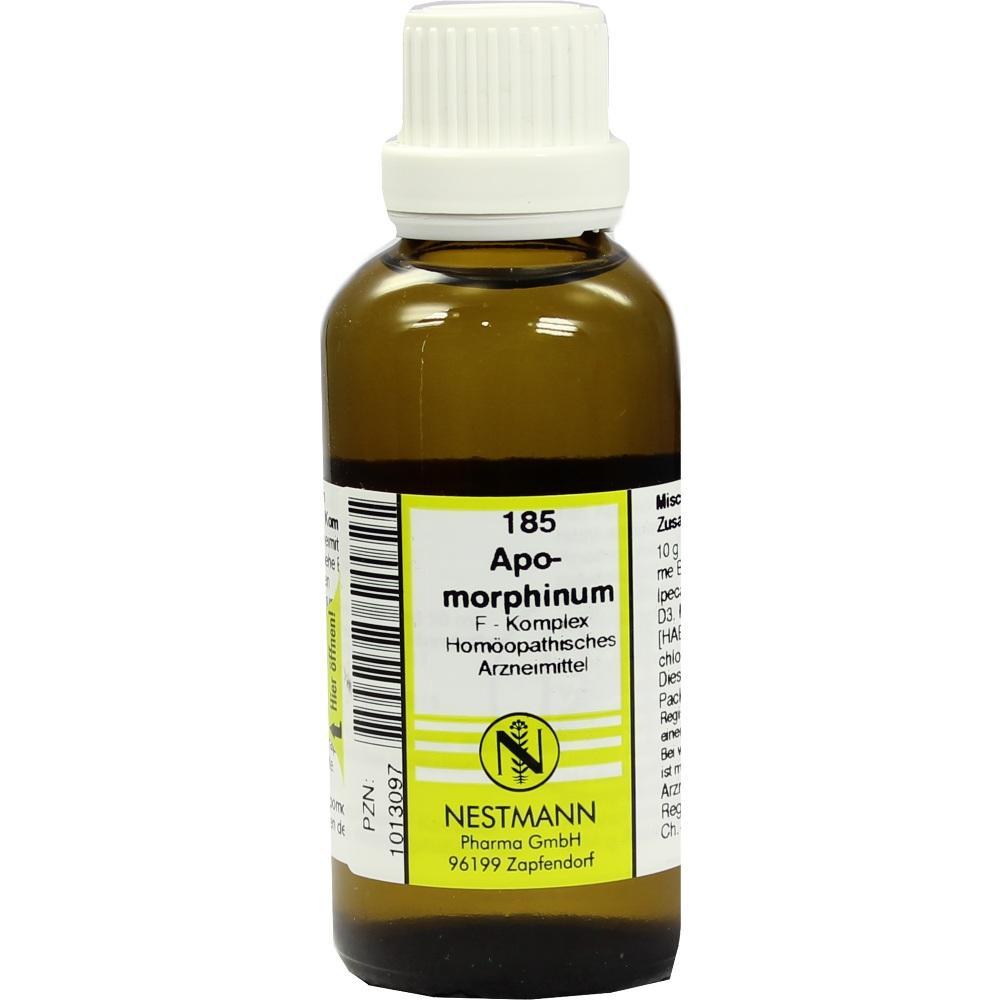 Braunes Fläschchen mit Apomorphinum-Label und weißem Verschluss.