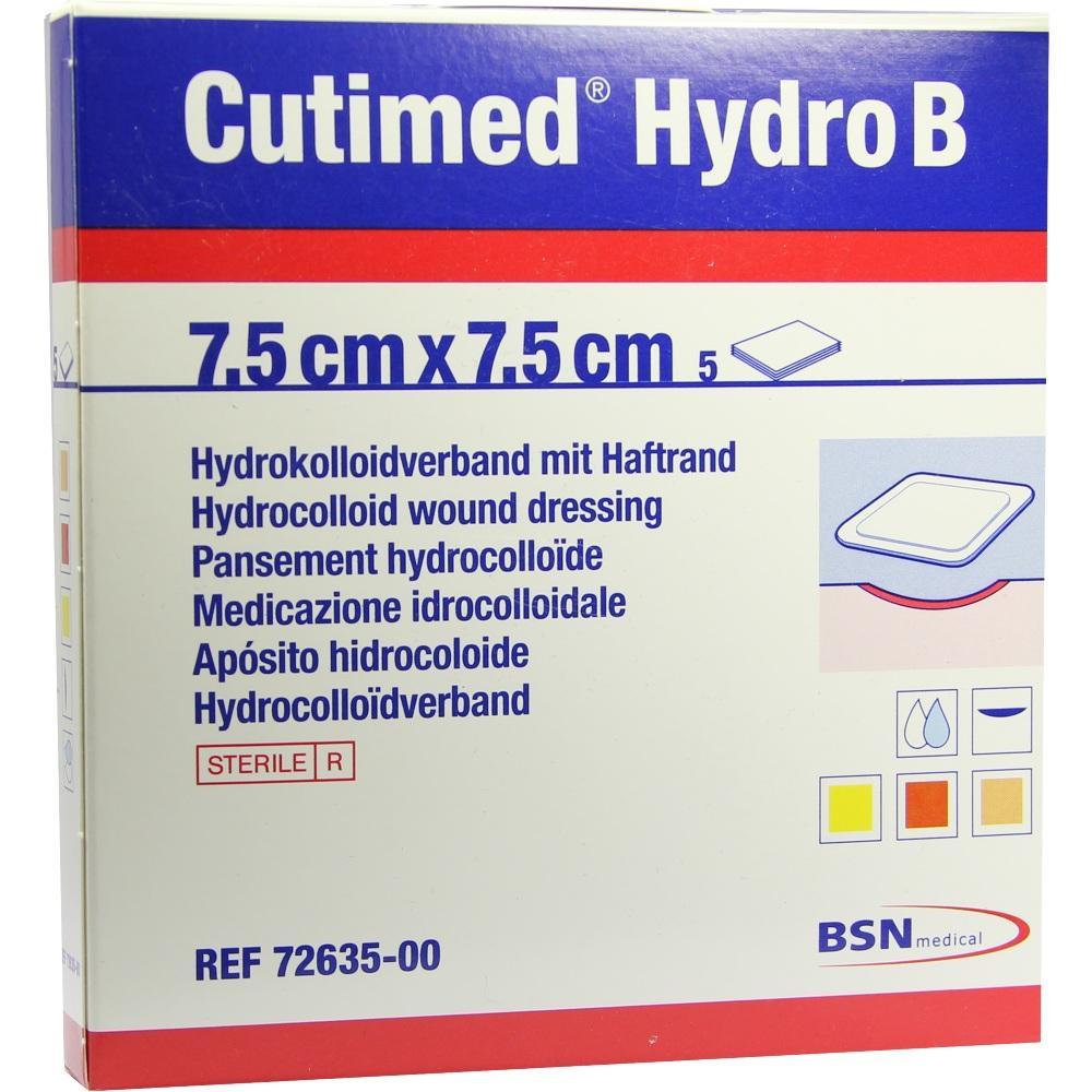 Verpackung eines 7,5 cm Verbandes namens Cutimed Hydro B mit Haftstreifen.