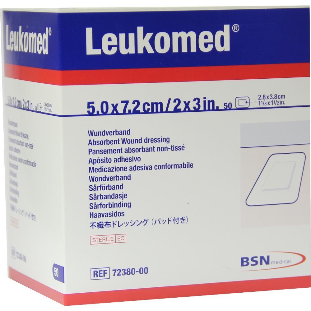 Weiße Verpackung mit der Aufschrift "Leukomed" und Abmessungen eines Wundverbandes.
