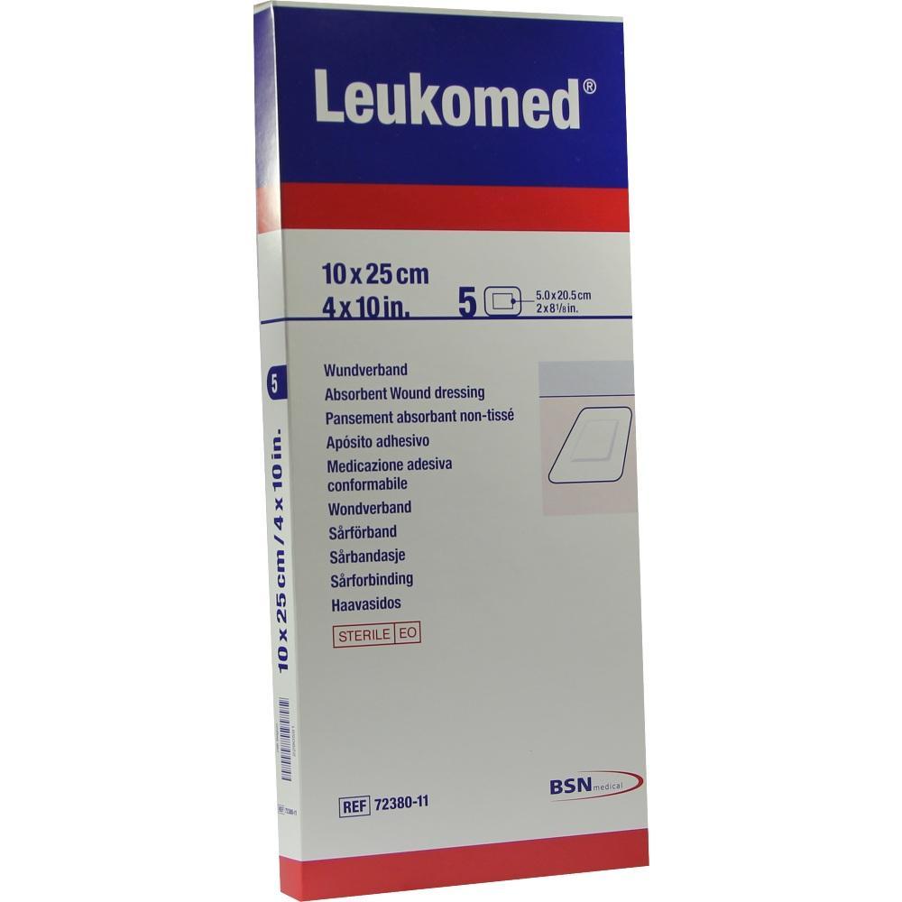 Eine Packung mit fünf Wundverbänden der Marke Leukomed.