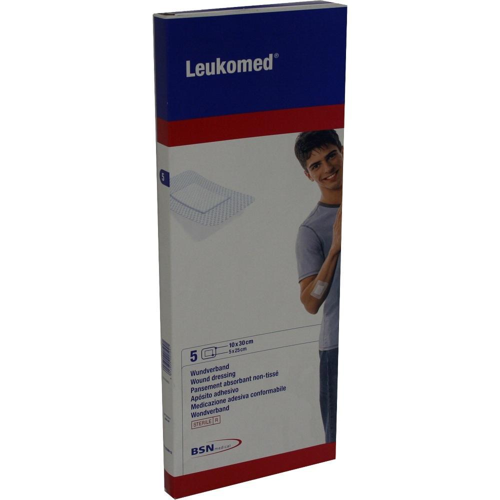 Eine Packung Leukomed Wundverband mit einer Person, die einen Verband am Arm hat.