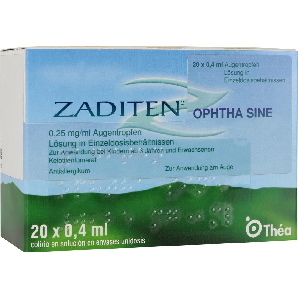 Verpackung von Augentropfen mit der Aufschrift "Zaditen Ophtha Sine".