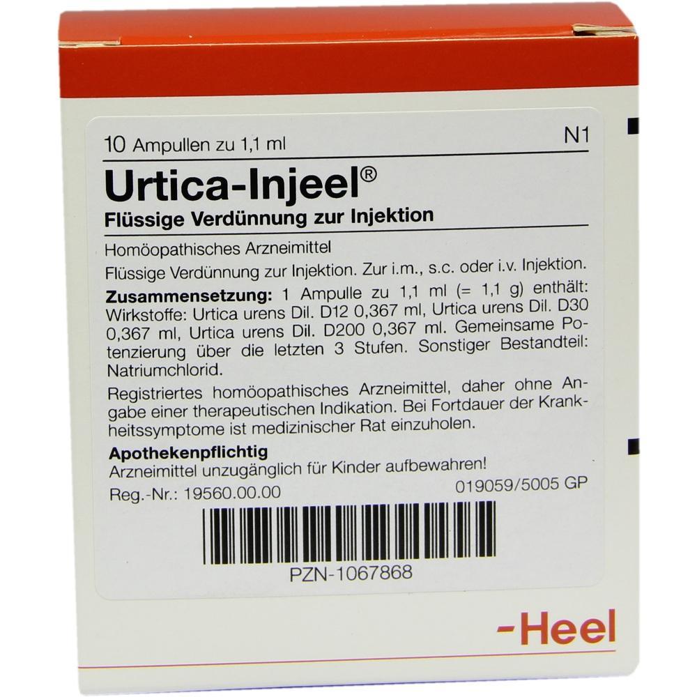 Verpackung einer homöopathischen Injektionslösung namens Urtica-Injeel.