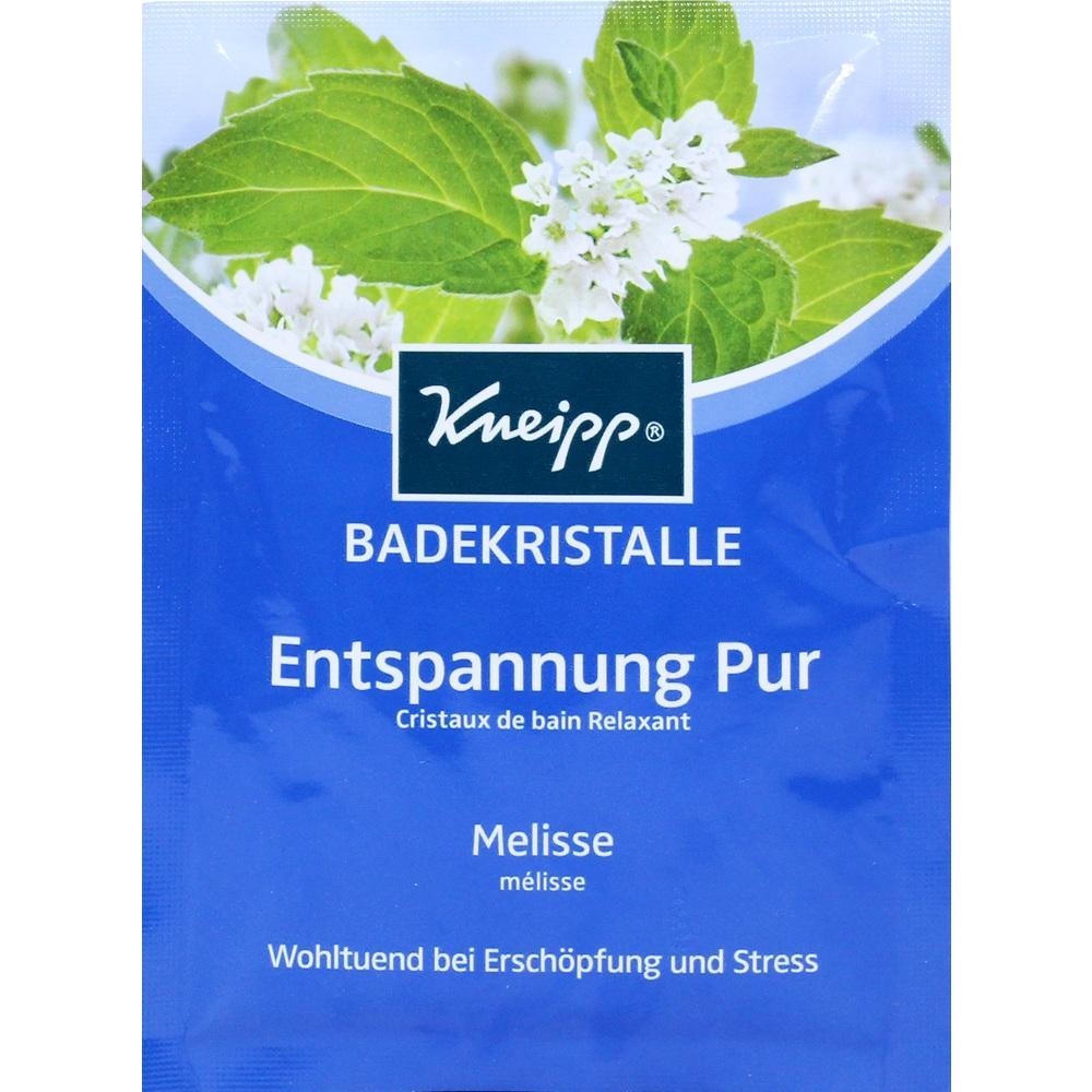 Blaue Verpackung von Badekristallen mit Melisse und grünem Blattmuster.