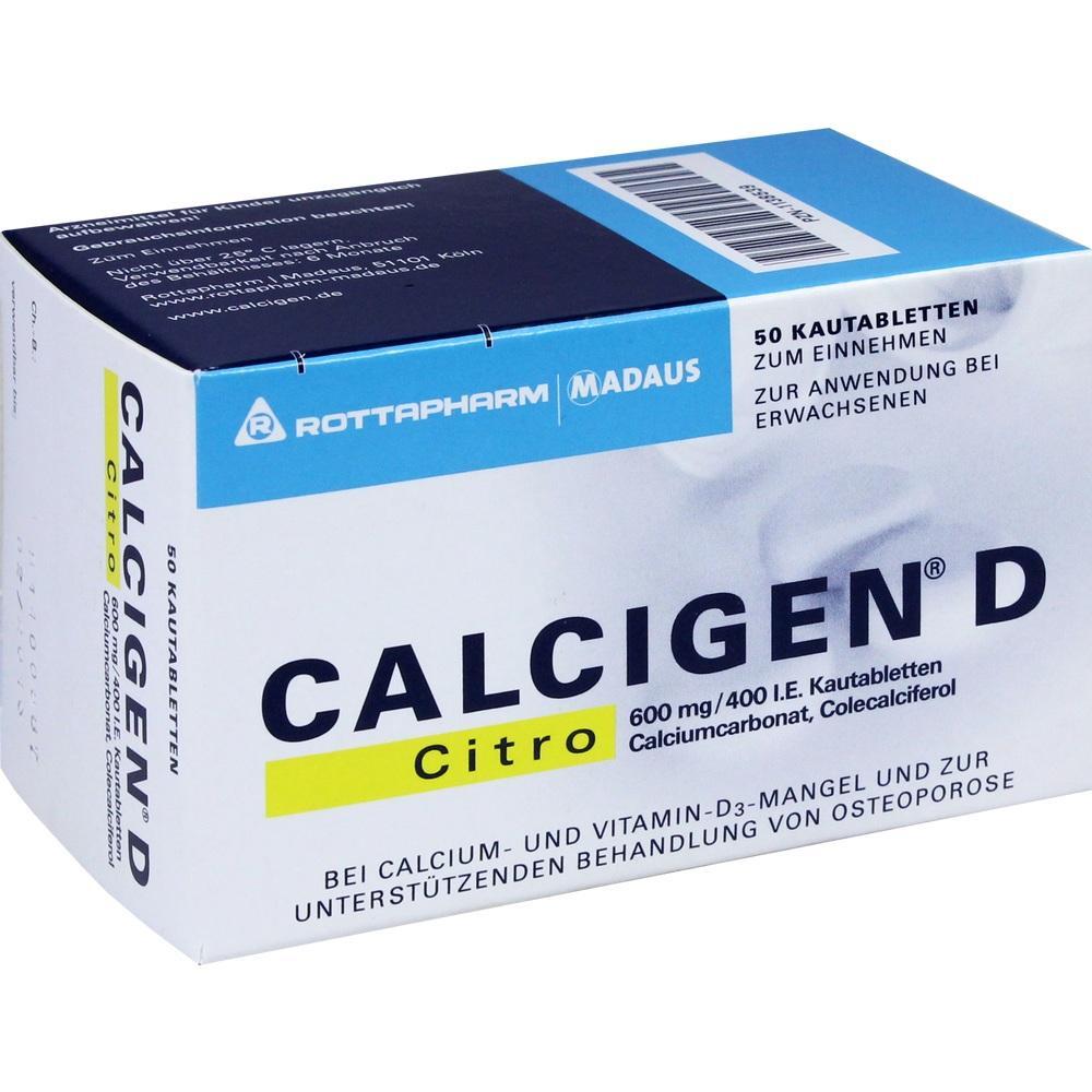 Eine Packung Calcigen D Citro Kautabletten zur Behandlung von Calcium- und Vitamin-D-Mangel.