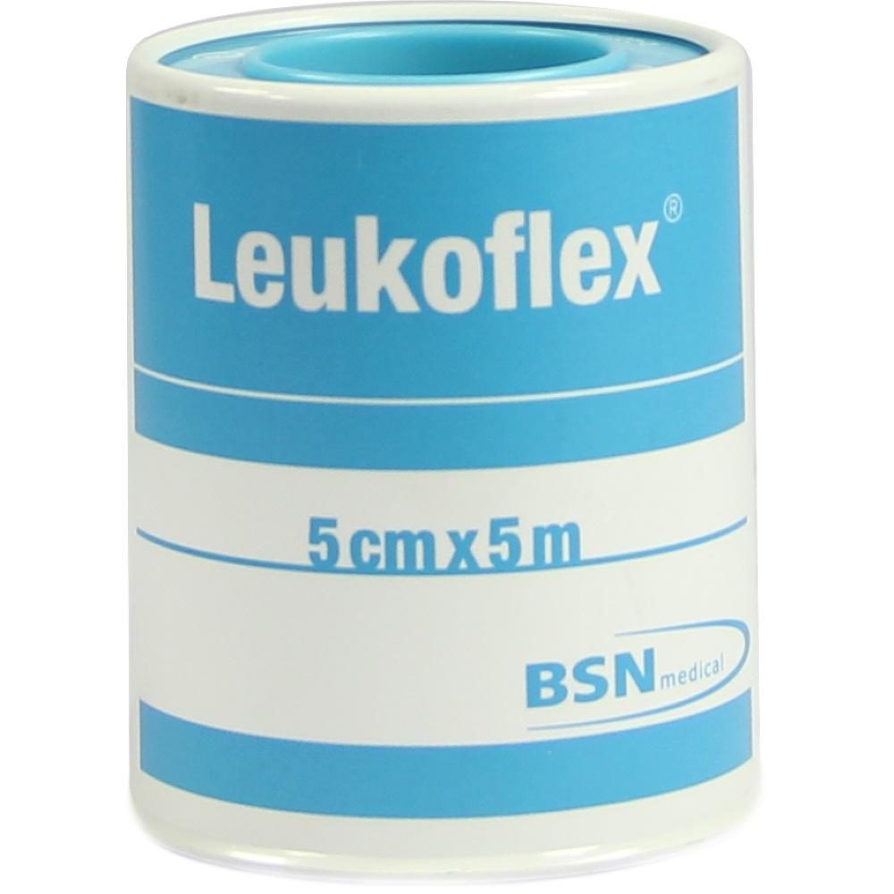 Eine Rolle blau-weißer medizinischer Klebeband von Leukoflex.