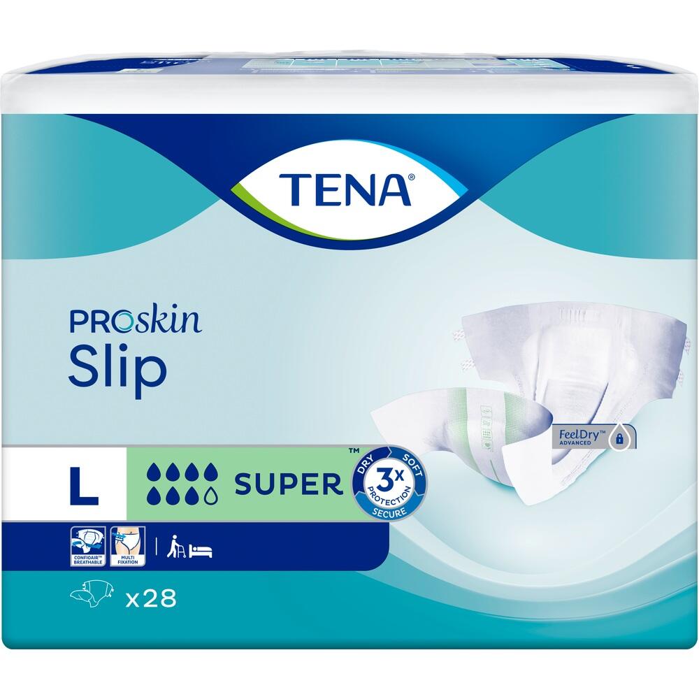 Eine Packung TENA Proskin Slip Windeln in Größe L, mit blauen und grünen Details.