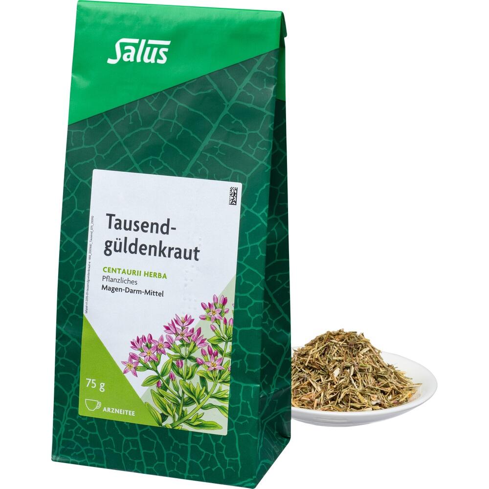 Grüne Teepackung von Tausendgüldenkraut, daneben ein Teller mit getrocknetem Kraut.