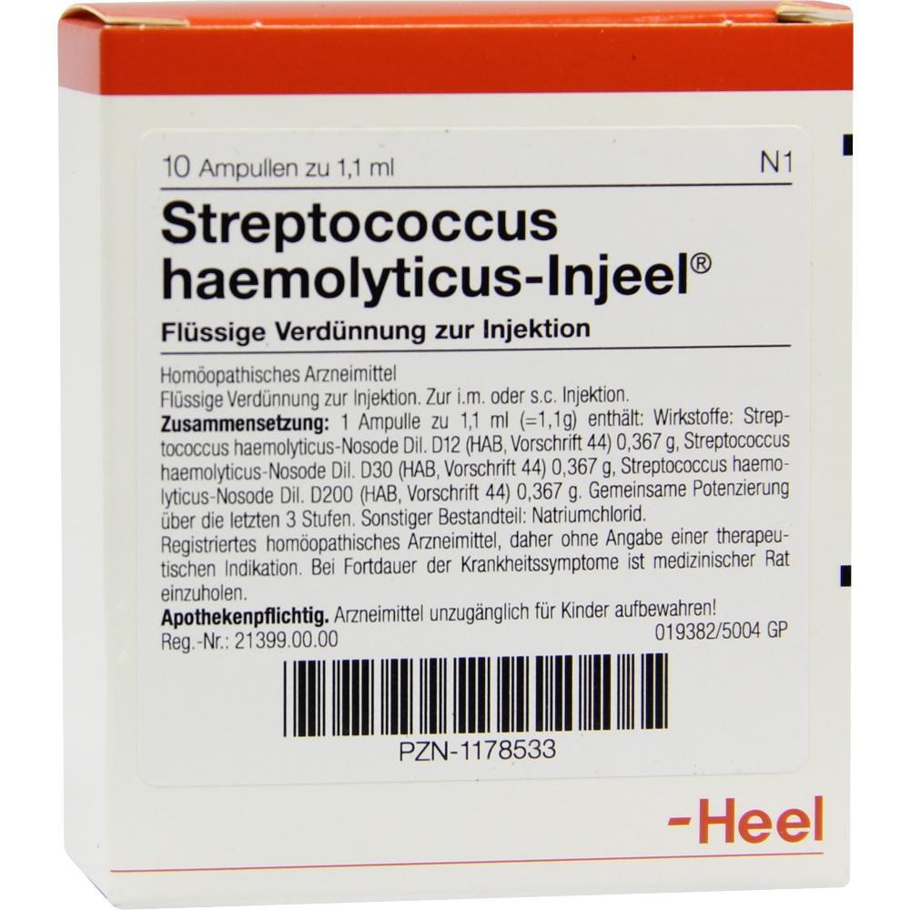 Weiße Packung mit der Aufschrift "Streptococcus haemolyticus-Injeel" für Injektionen.