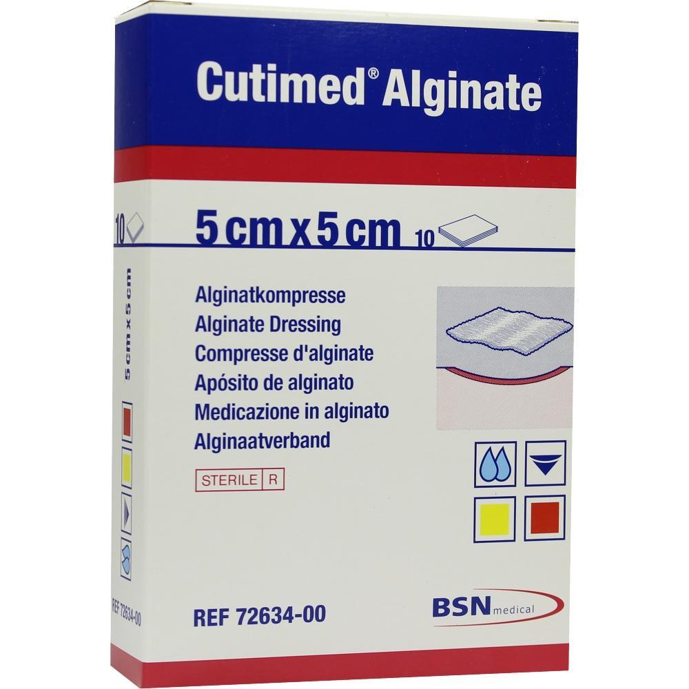 Verpackung einer 5 cm x 5 cm Alginatekompresse für Wundversorgung.