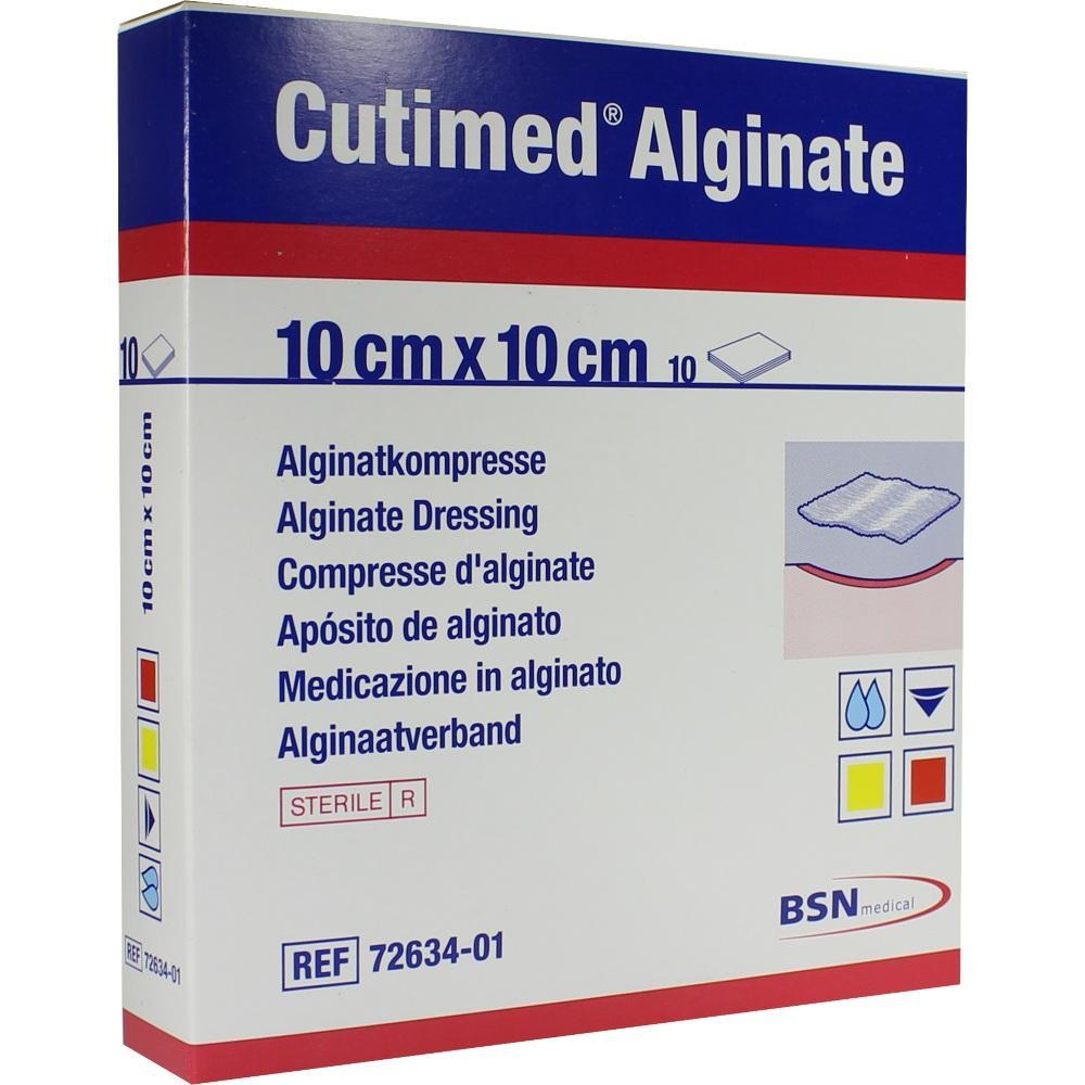 Verpackung von Alginatkompressen der Marke Cutimed in der Größe 10 cm x 10 cm.