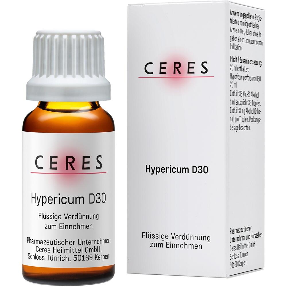 Braunes Fläschchen mit weißer Verpackung, Aufschrift "Ceres Hypericum D30".