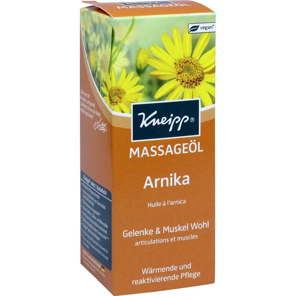 Orange Schachtel Kneipp Massageöl mit gelben Blumenmotiv und der Aufschrift "Arnika".