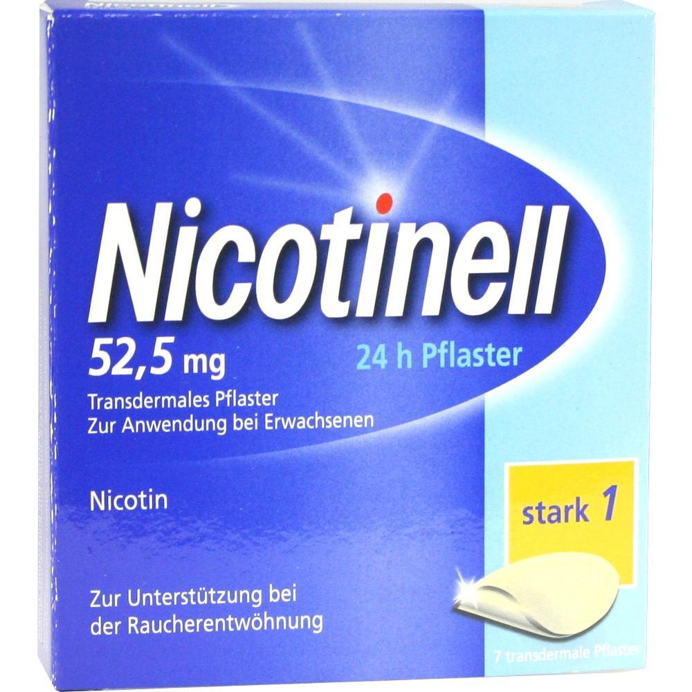 Packung Nicotinpflaster zur Raucherentwöhnung, 52,5 mg, stark 1, für Erwachsene.