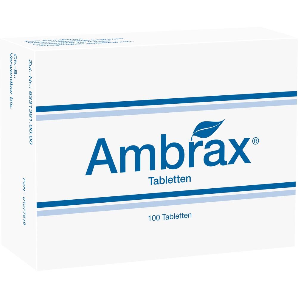 Eine weiße Medikamentenpackung mit der Aufschrift "AMBRAX" und blauen Wellenlinien.