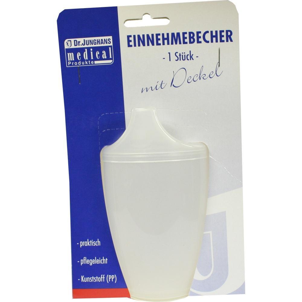 Ein weißer Einnehmbecher mit Deckel wird auf einer Verpackung gezeigt.
