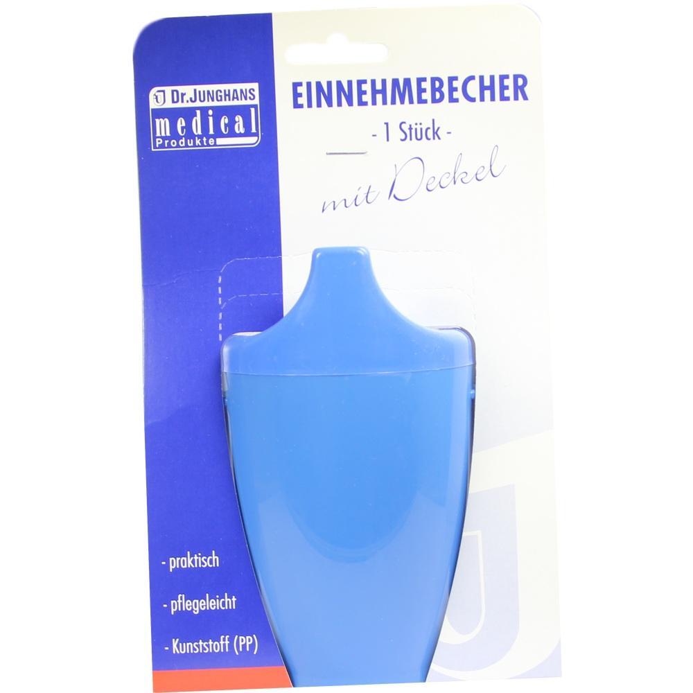 Blauer Kunststoffbecher mit Deckel in Verpackung.