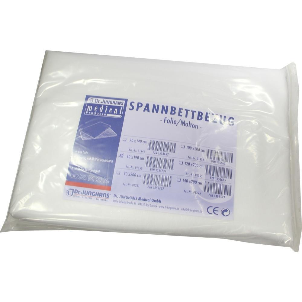 Verpackter weißer Spannbettbezug mit blauer Produktbeschreibung auf der Vorderseite.