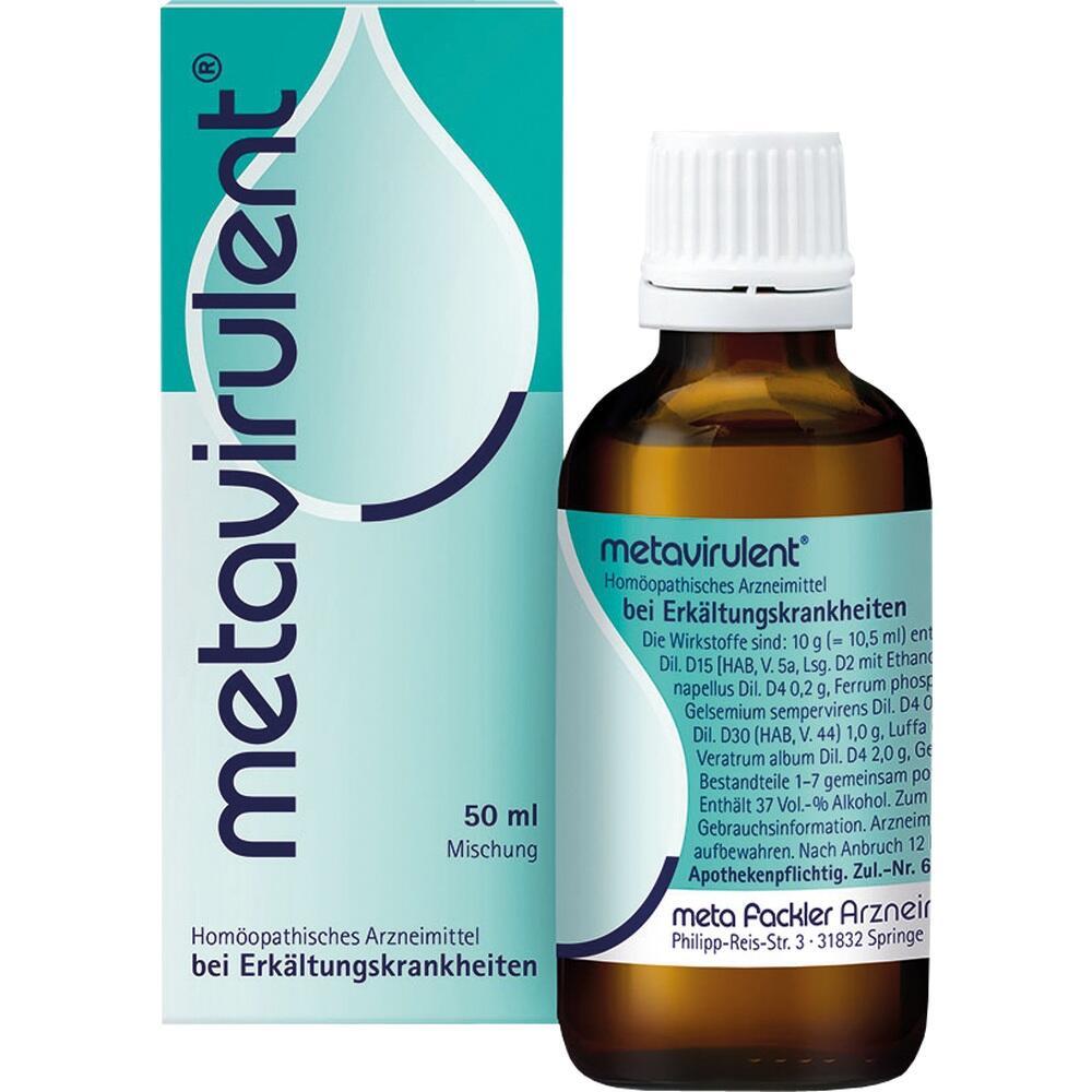 Eine braune Flasche und eine blaue Verpackung von Metavirulent, einem Erkältungsmittel.