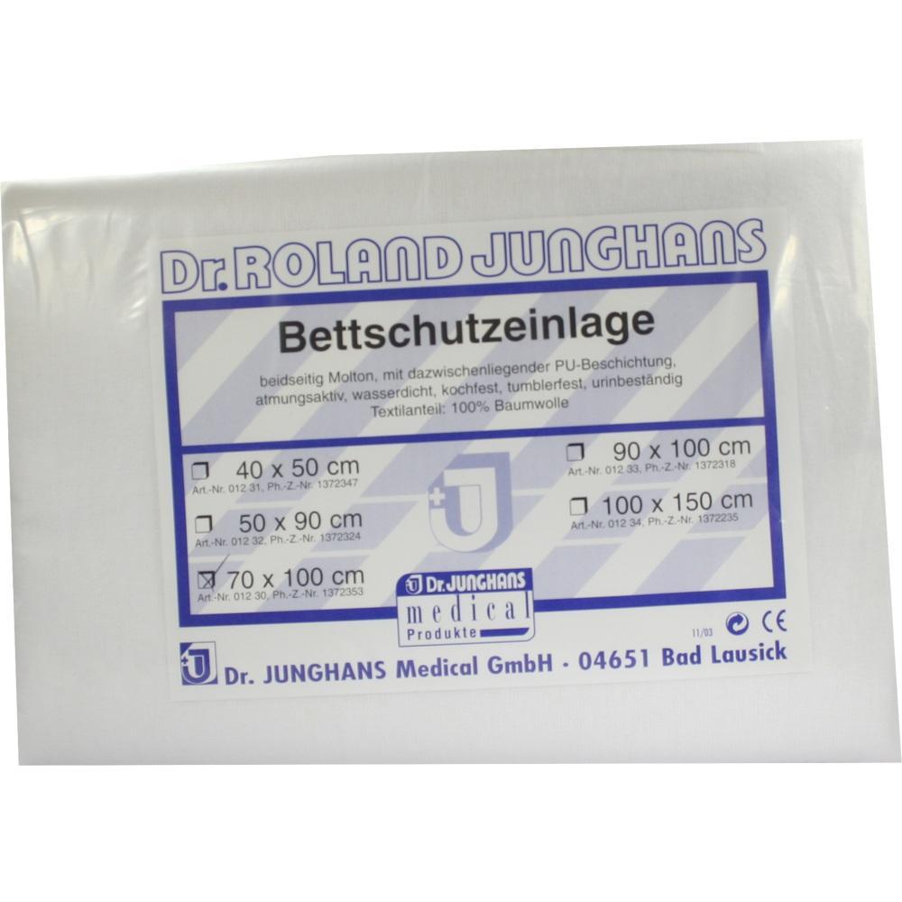 Verpackte Bettschutzauflage mit Größenangaben und medizinischem Logo auf weißem Hintergrund.