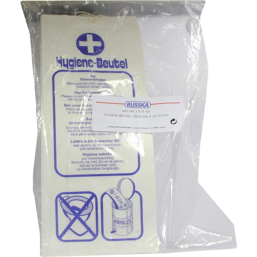 Ein Paket mit Hygiene-Beuteln für Damenbinden und mehrsprachiger Anleitung.