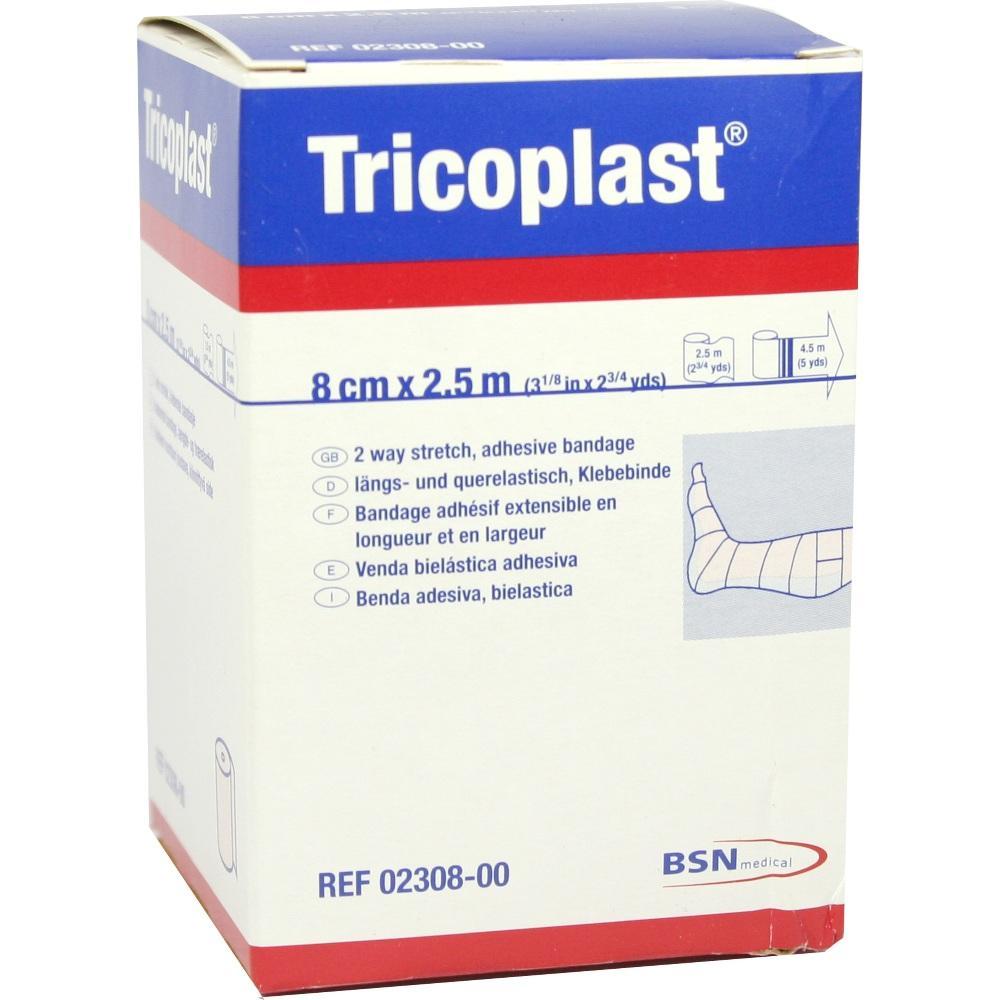 Eine Tricoplast-Klebebinde-Schachtel mit Bandage-Abbildung auf der Vorderseite.