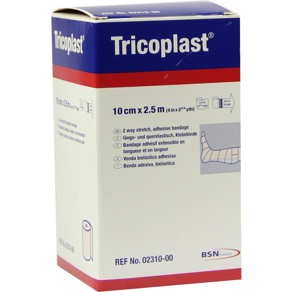Eine Packung mit dehnbarem Klebeverband, Marke Tricoplast, 10 cm x 2,5 m.