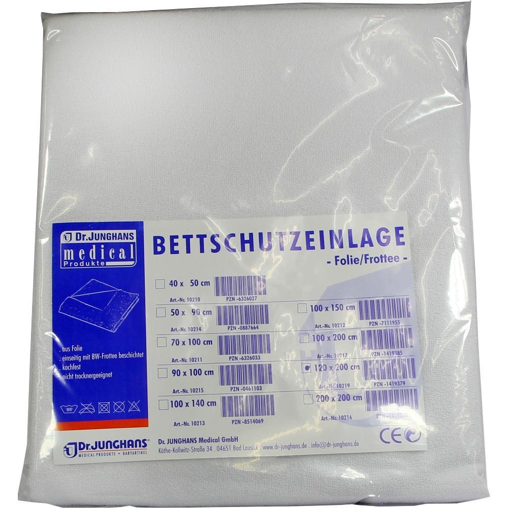 Verpackte Bettschutzeinlage aus Folie und Frottee in Plastikfolie.